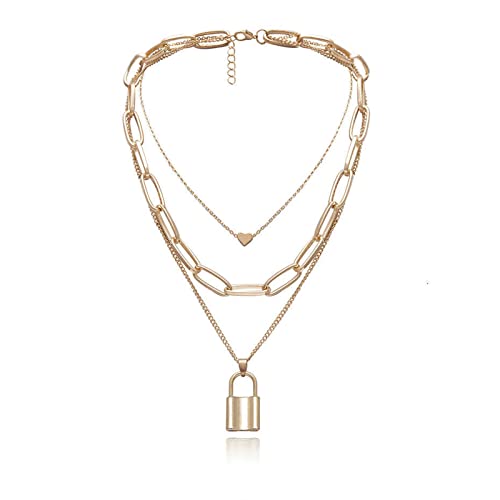 YL Lock Necklace Silver Color Alloy Padlock Chain for Men Women Statement  18K Gold Punk Multilayer Choker Jewelry