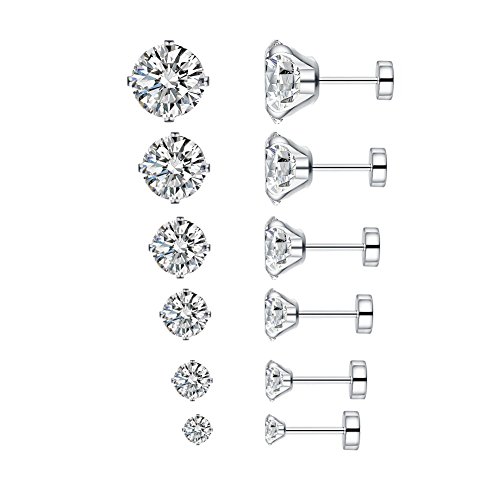 18 Pairs Stainless Steel Cubic Zirconia Stud Earring Set, 6 Sizes Round Clear Earring Studs Set for Women and Men 3-8mm,one-size